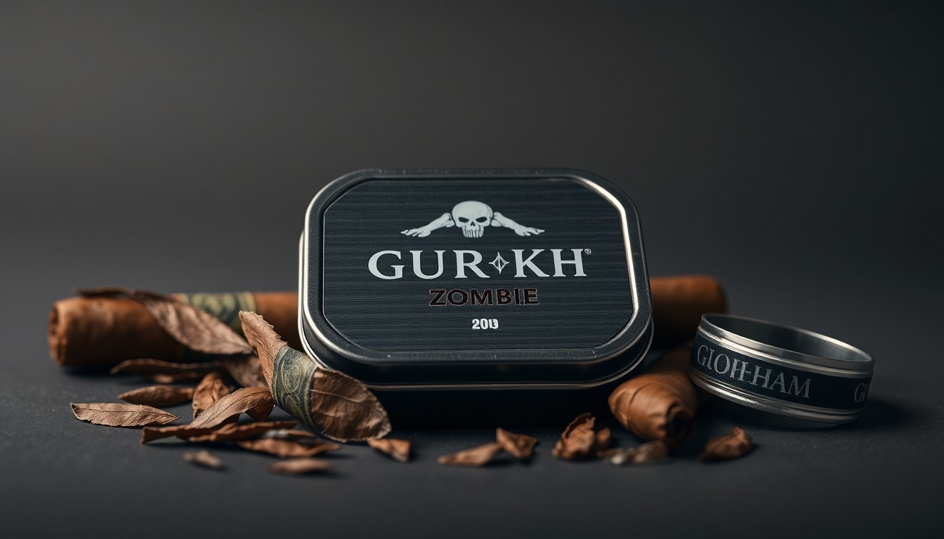A minimalist, high-contrast studio photograph featuring a compact metal tin with the Gurkha Ghost Zombie logo, surrounded by a few premium cigar leaves and bands in muted shades of grey, black, and silver, creating a refined, premium visual representation of the new cigar product.
