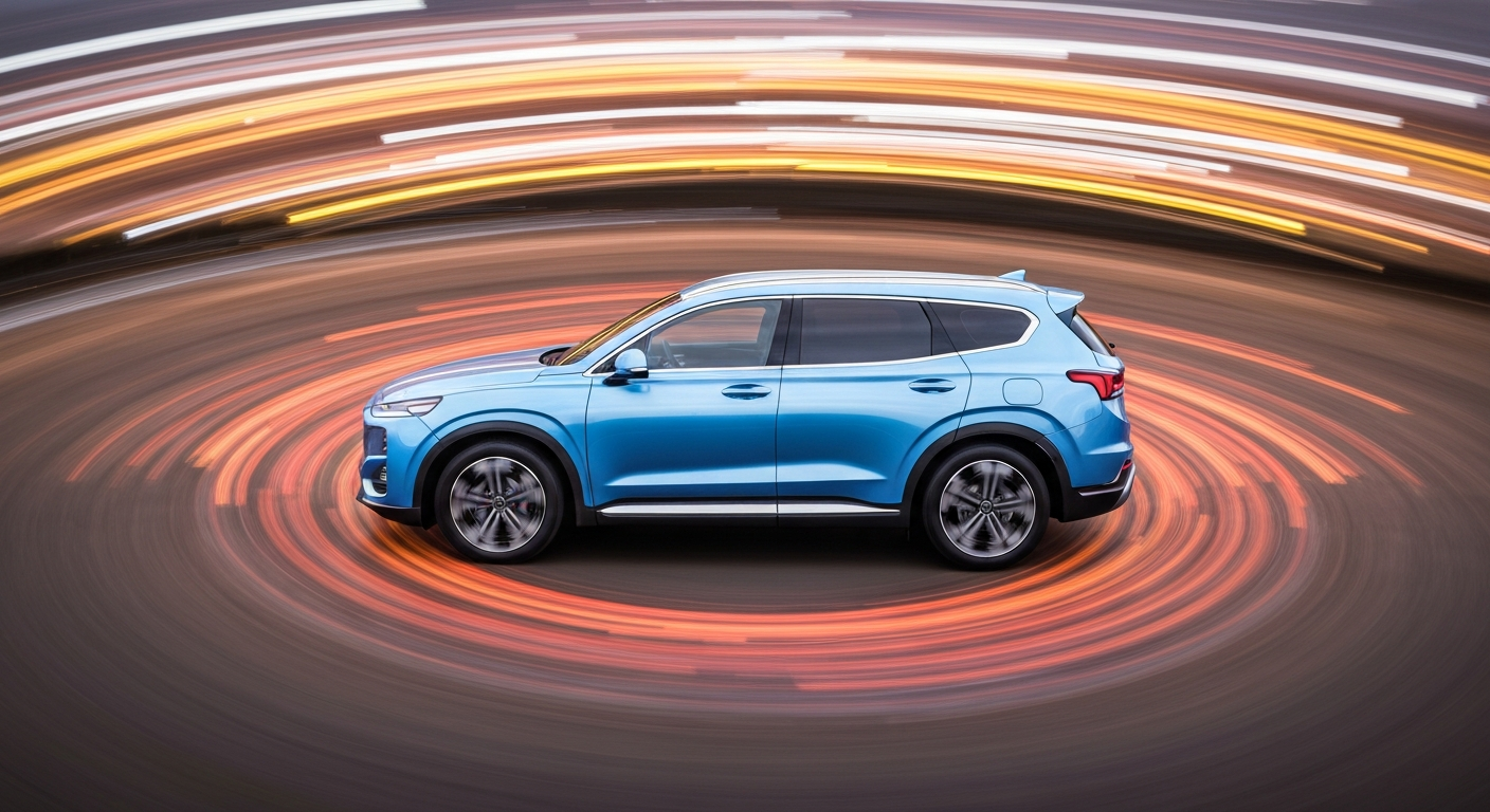 A blurred, abstract image of a Hyundai Santa Fe EREV prototype in motion, conveying a sense of speed and modern engineering through sweeping streaks of color.