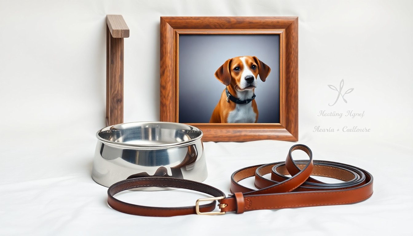 A minimalist studio still life featuring a polished metal dog bowl, a soft leather leash, and a framed photograph of a beagle, symbolizing the cherished bond between pets and their owners.