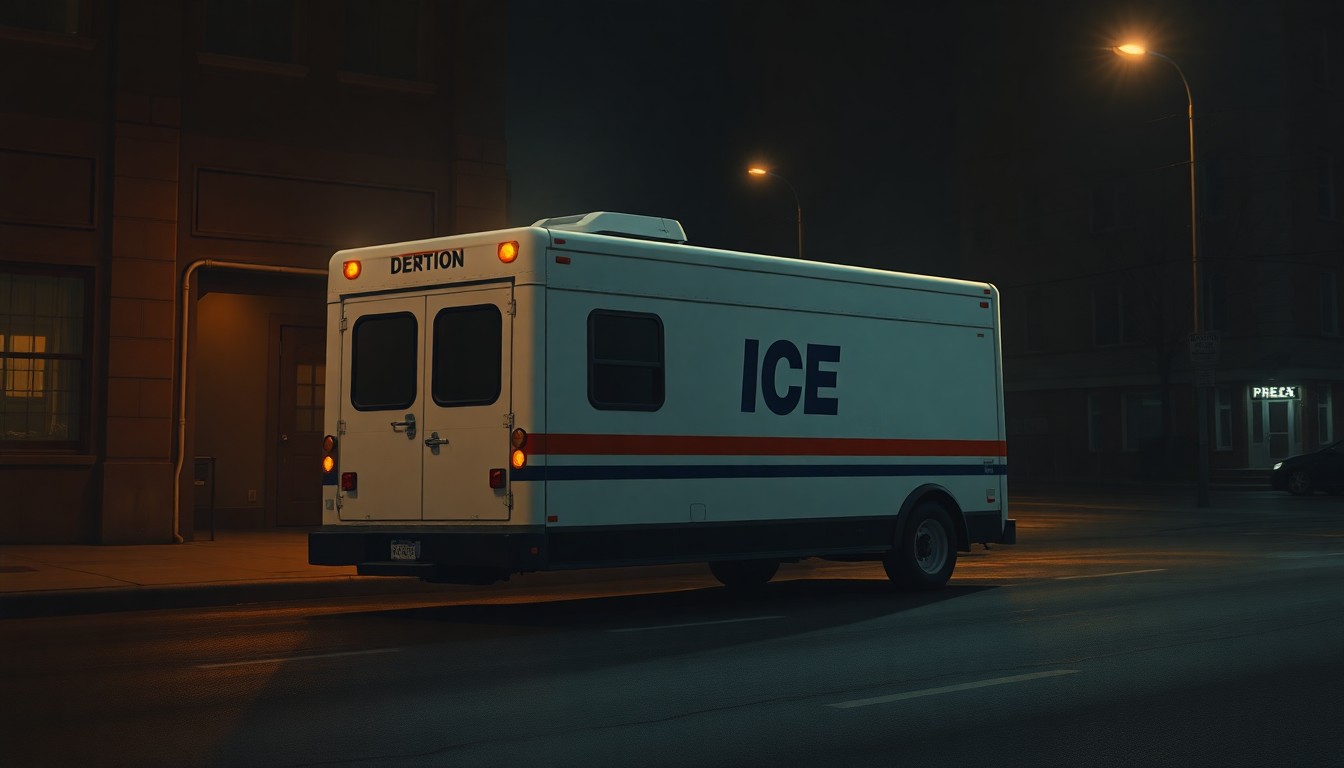 A cinematic painting of an ICE detention van parked on a dimly lit urban street, with warm shadows and muted colors creating a sense of quiet unease and uncertainty about the nature of the enforcement actions taking place.
