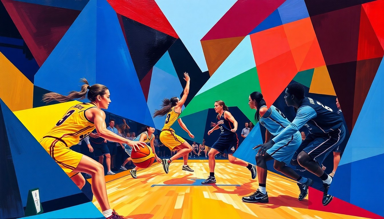 A fragmented, cubist-style painting depicting the abstracted forms of WNBA players in action, with sharp geometric shapes and planes in the team colors of the Valkyries and Storm, conveying the dynamic energy and competitive spirit of professional women's basketball.