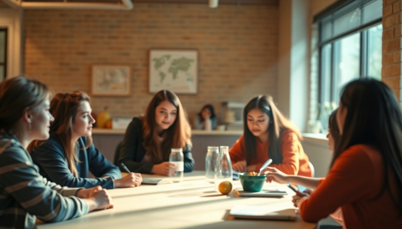 An abstracted, out-of-focus photograph depicting a group of students gathered around a table, discussing food waste and insecurity issues, with warm pools of light and color creating an intimate, thoughtful atmosphere.