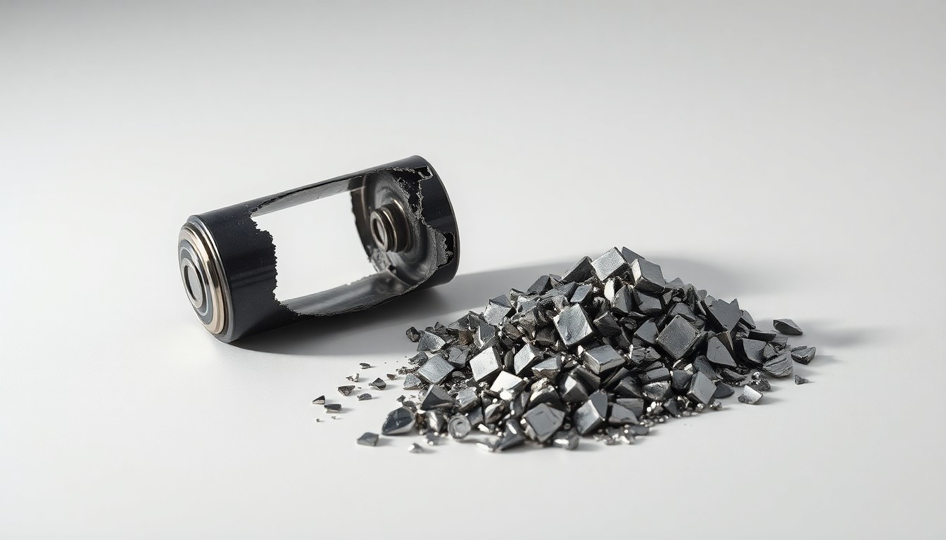 A photorealistic studio still life showing a shattered lithium-ion battery cell and crushed metal fragments, conceptually representing the financial challenges and fragility of the battery recycling industry.