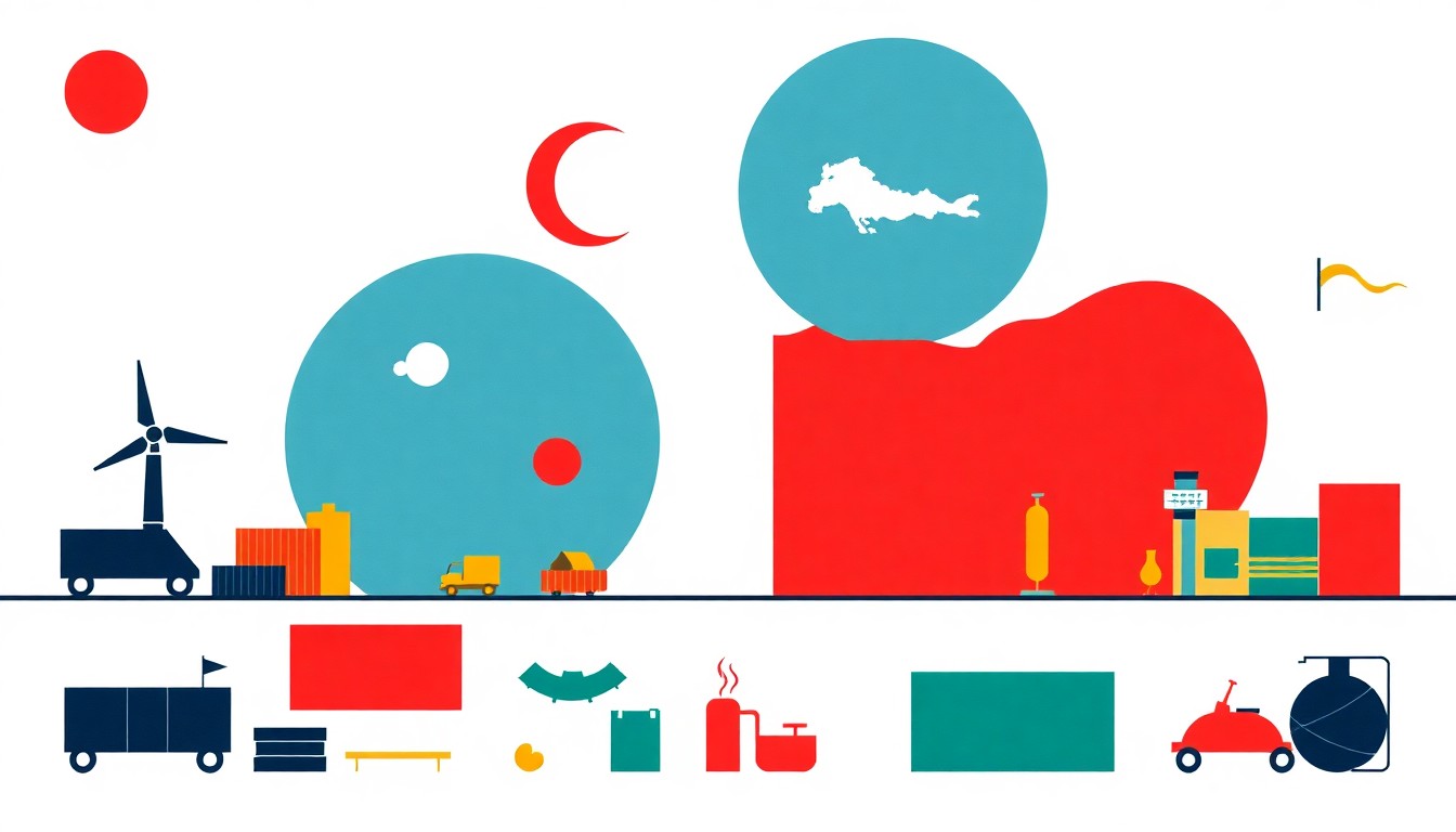An abstract illustration composed of overlapping triangles and circles in shades of blue, red, and yellow, conceptually representing the complex global economic impacts of the war in the Middle East.