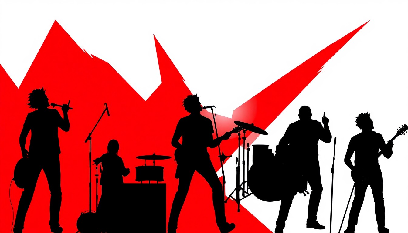 An abstract, minimalist illustration featuring sharp, angular black silhouettes of musical instruments and performers against a high-contrast red and white background, capturing the energy and excitement of a brass band competition.