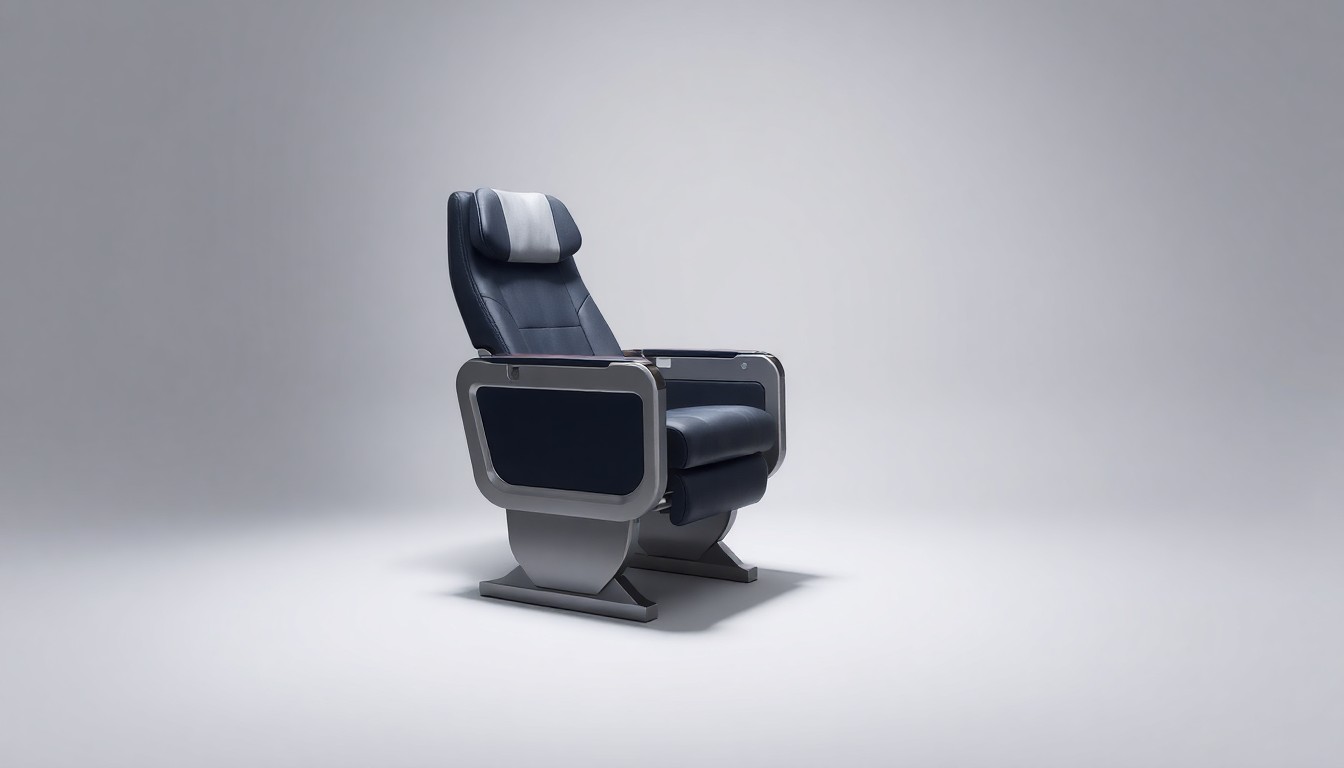 A photorealistic studio still-life image of a sleek, modern business class airline seat with premium materials and finishes, arranged elegantly on a clean, monochromatic background and lit with dramatic studio lighting, conceptually representing the luxury and exclusivity of Delta's new premium cabin offerings.