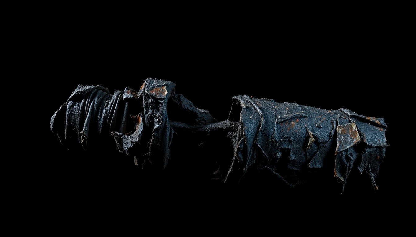 An extreme close-up photograph of a charred, twisted metal object against a pitch-black background, conveying a stark, gritty investigative aesthetic without depicting violence.