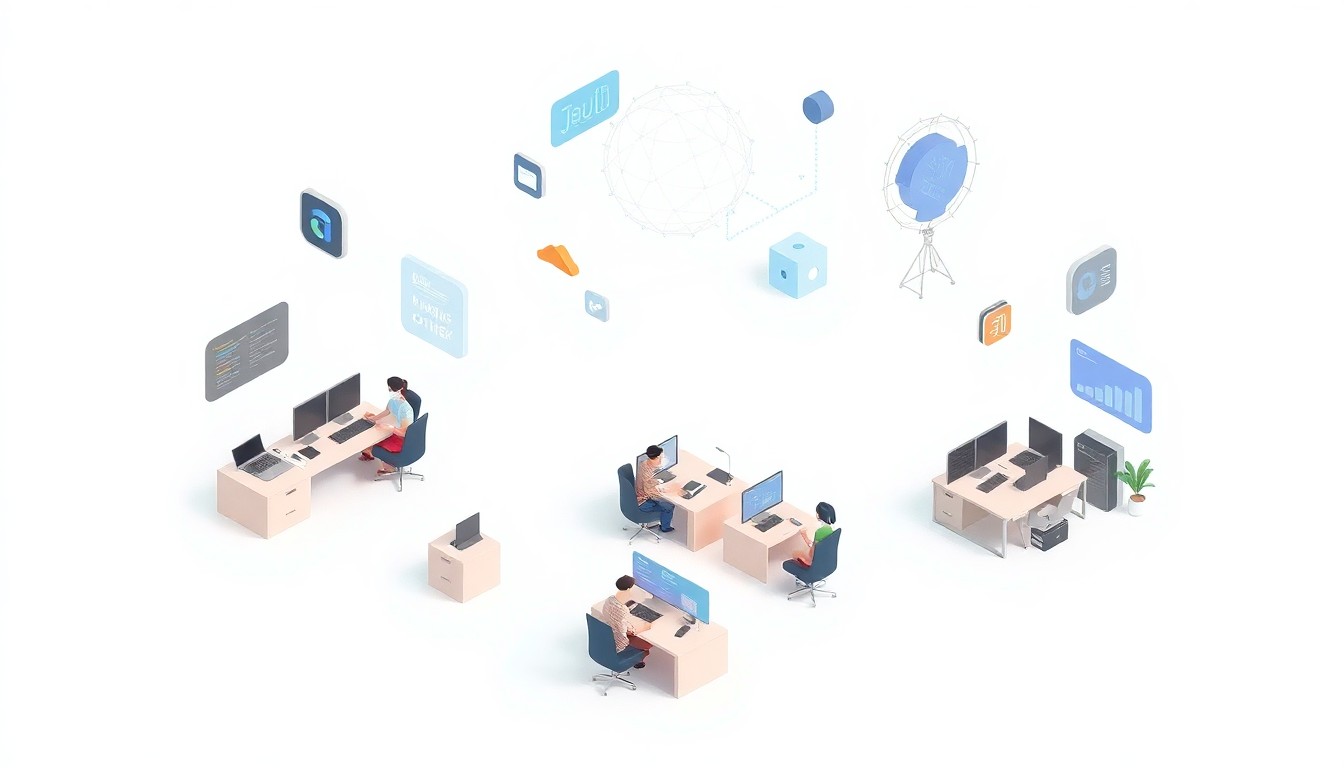 An isometric 3D digital illustration depicting a miniature, stylized business workspace with people working at desks surrounded by floating AI-powered digital tools, conceptually representing the integration of AI technology into small business operations.
