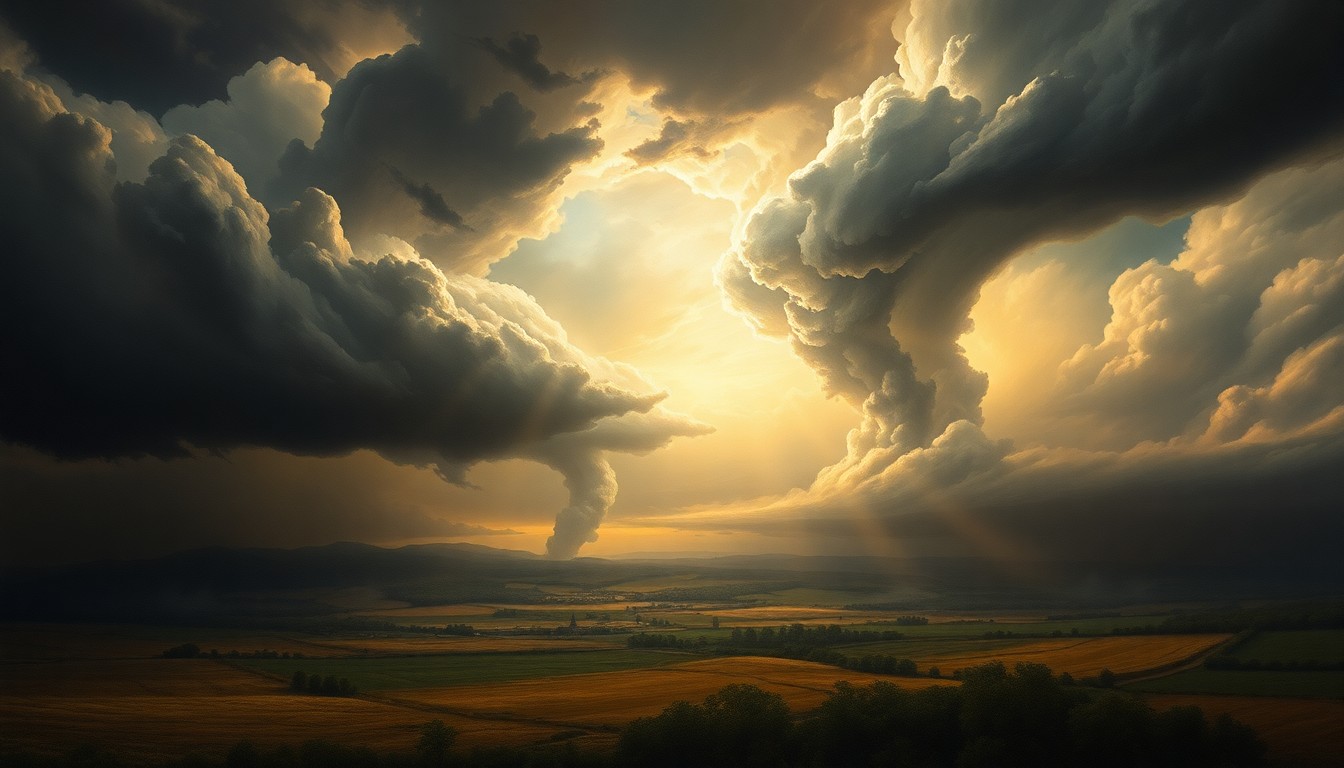 A sweeping, atmospheric landscape painting in muted tones of grey, blue, and green, depicting a tornado-ravaged countryside shrouded in heavy storm clouds and dramatic lighting, conveying the overwhelming power of the natural disaster.