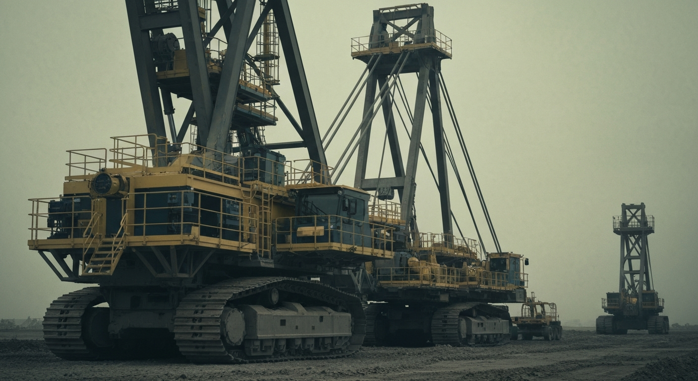 An extreme close-up of rugged, industrial mining equipment and machinery in muted, earthy tones, conveying the physical, tangible nature of the global gold mining industry as a metaphor for financial security and infrastructure.