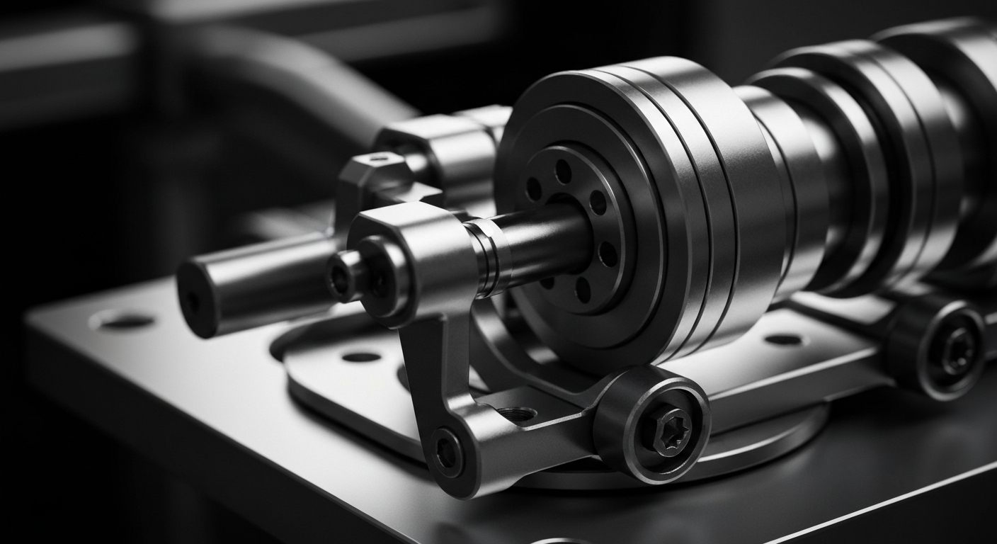 A dramatic black and white close-up photograph of the internal components of a high-tech medical device, conveying the precision and complexity of Globus Medical's engineering.