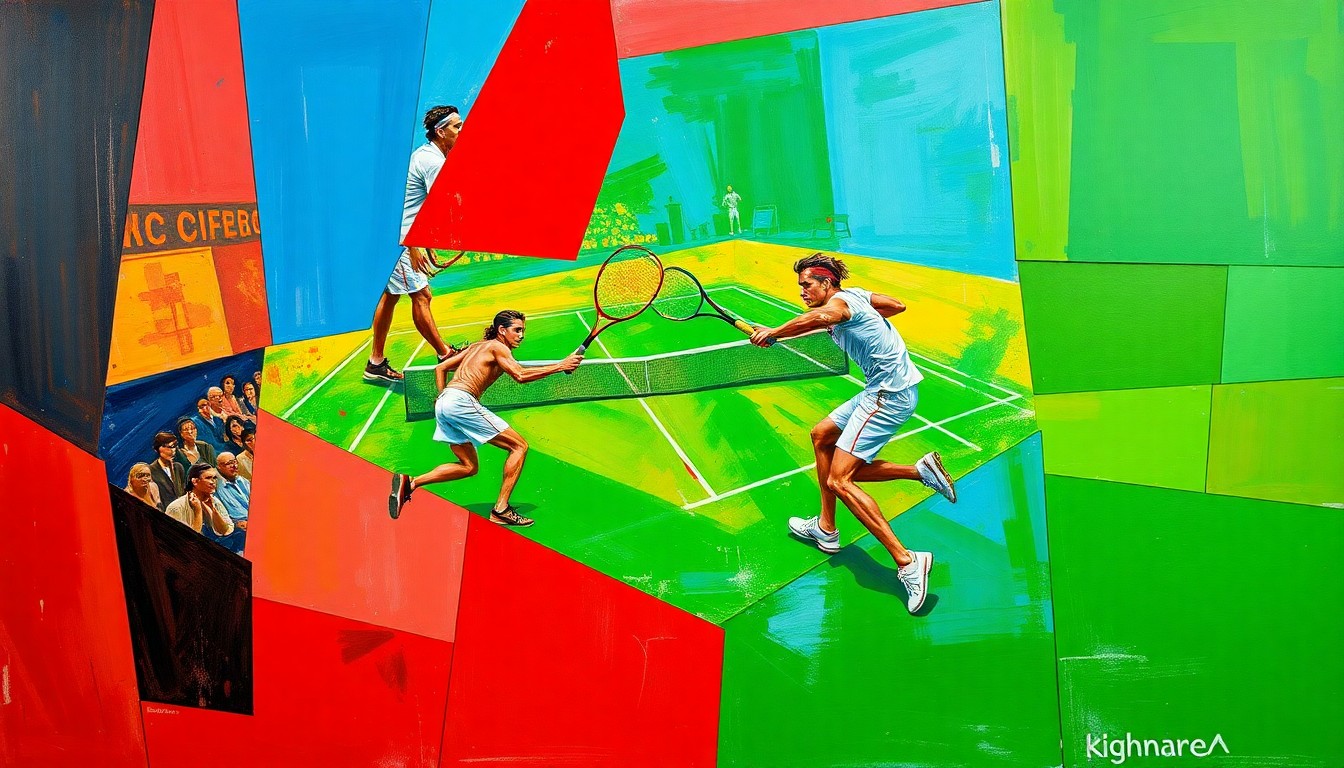 A cubist, geometric painting depicting a tennis match between Jannik Sinner and Carlos Alcaraz, with the players and court broken down into sharp, overlapping planes of vibrant colors.