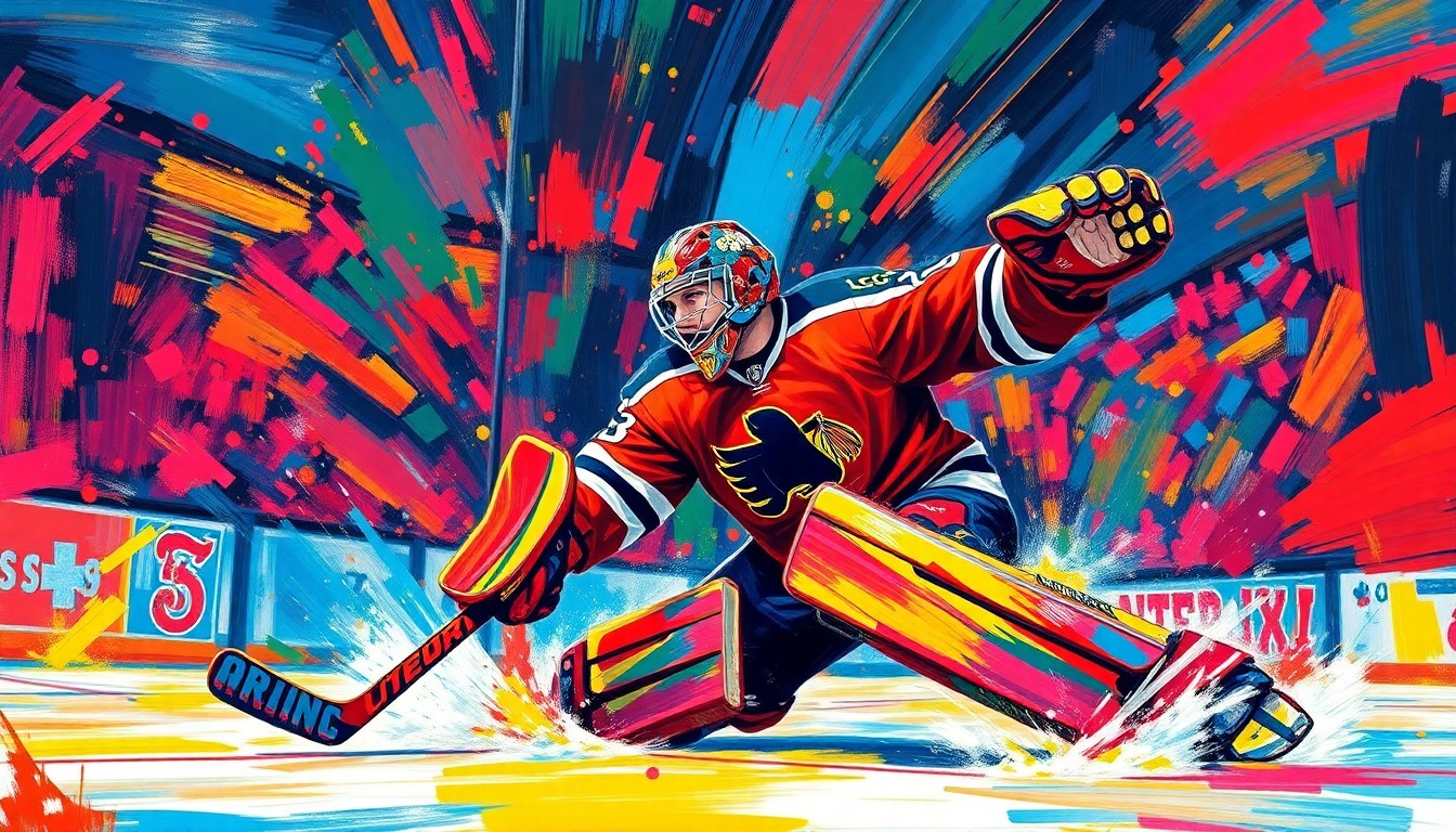 An abstract, expressionist painting featuring a hockey goaltender in mid-save, with bold, neon-colored brushstrokes capturing the raw energy and intensity of the moment.