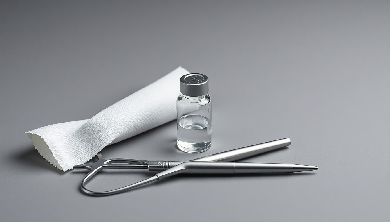 A photorealistic studio still-life featuring polished metal surgical instruments, a glass vial, and a clean white bandage on a monochromatic grey background, symbolizing Sanara MedTech's focus on developing transformative surgical technologies.