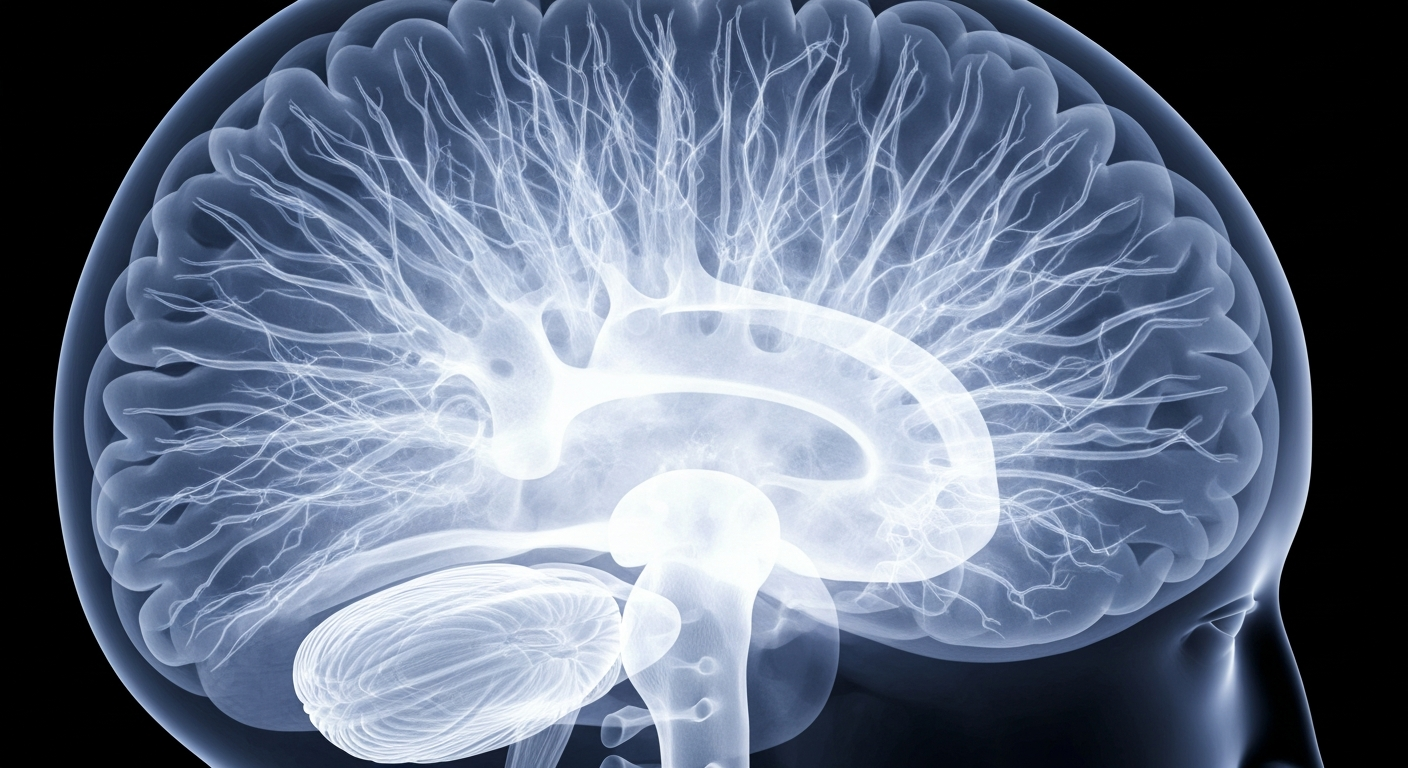 A ghostly, translucent X-ray photograph of a human brain, with intricate glowing neural pathways and structures, conceptually representing the clinical and scientific aspects of mental health.