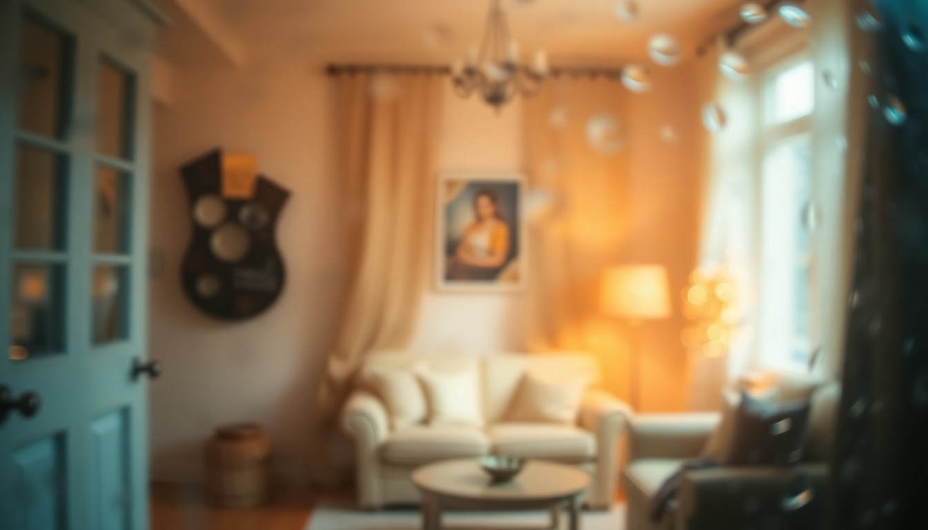An extremely blurred, impressionistic photograph in warm, soft tones depicting the cozy interior and outdoor areas of a residential home, conveying a sense of tranquility and relaxation.