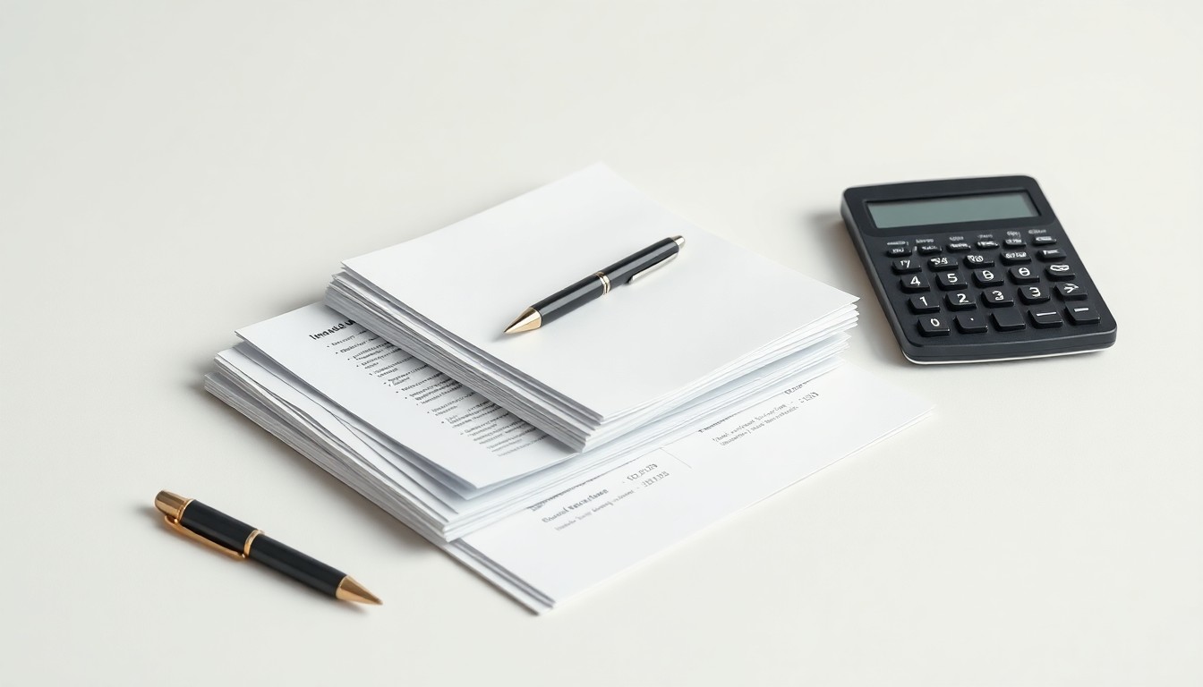 A minimalist studio still life photograph featuring a stack of financial documents, a pen, and a calculator on a clean, monochromatic background, symbolizing the abstract concepts of corporate finance and budgeting for small businesses.