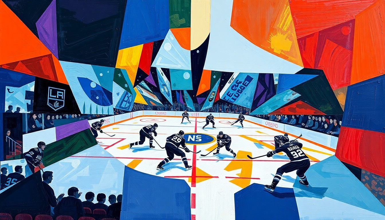 A fractured, multi-perspective painting in bold, angular shapes and vibrant colors that captures the energy and movement of a hockey game between the Los Angeles Kings and Seattle Kraken.
