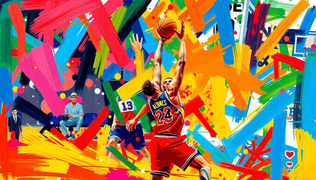 An abstract, textured painting in bright neon colors, featuring dynamic, overlapping brushstrokes that convey the energy and intensity of a high-level basketball game.
