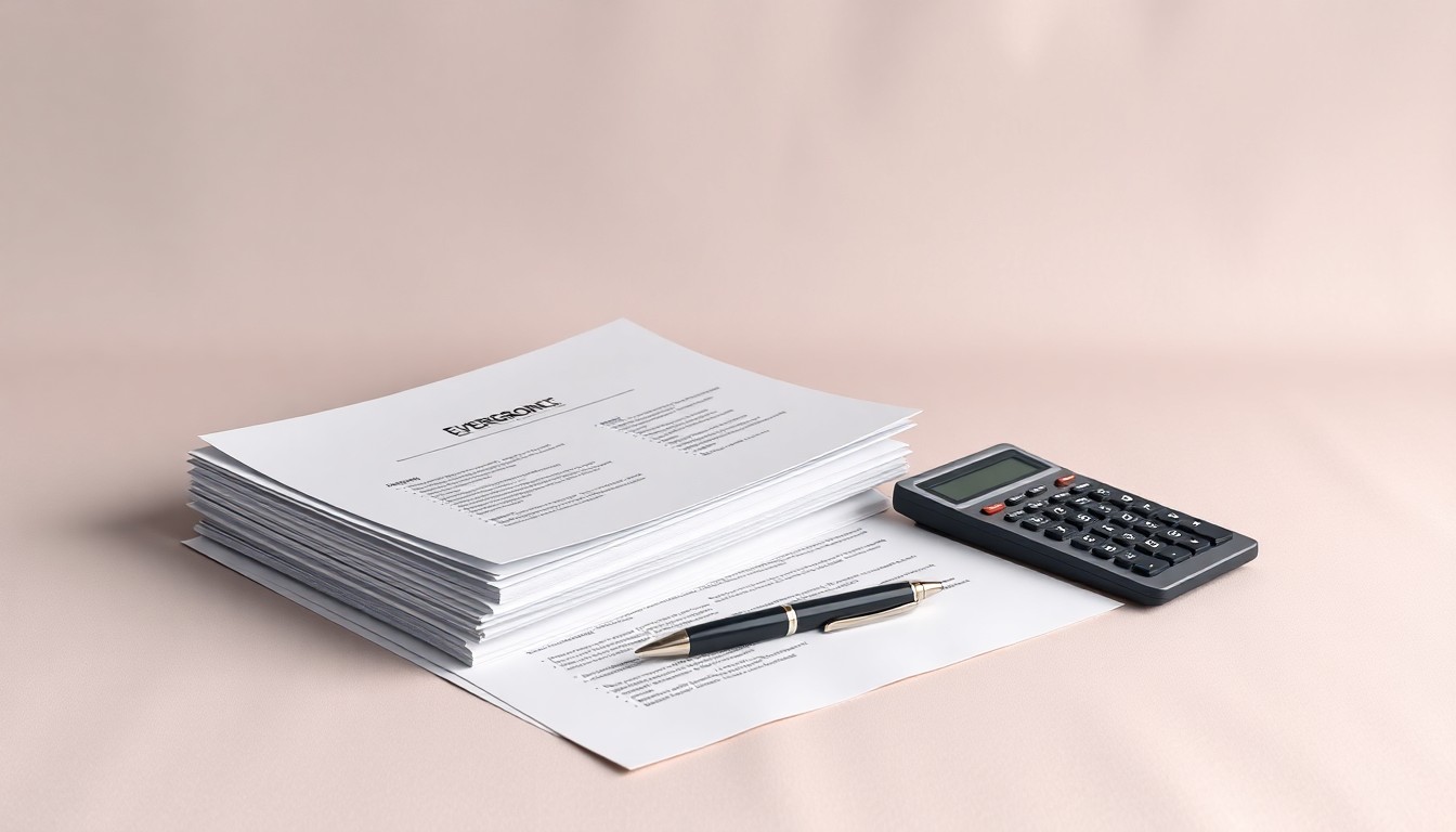 A minimalist studio still life photograph featuring a stack of official documents, a pen, and a calculator arranged elegantly on a clean, monochromatic background, symbolizing the financial fraud and corporate misconduct at the heart of the Evergrande scandal.