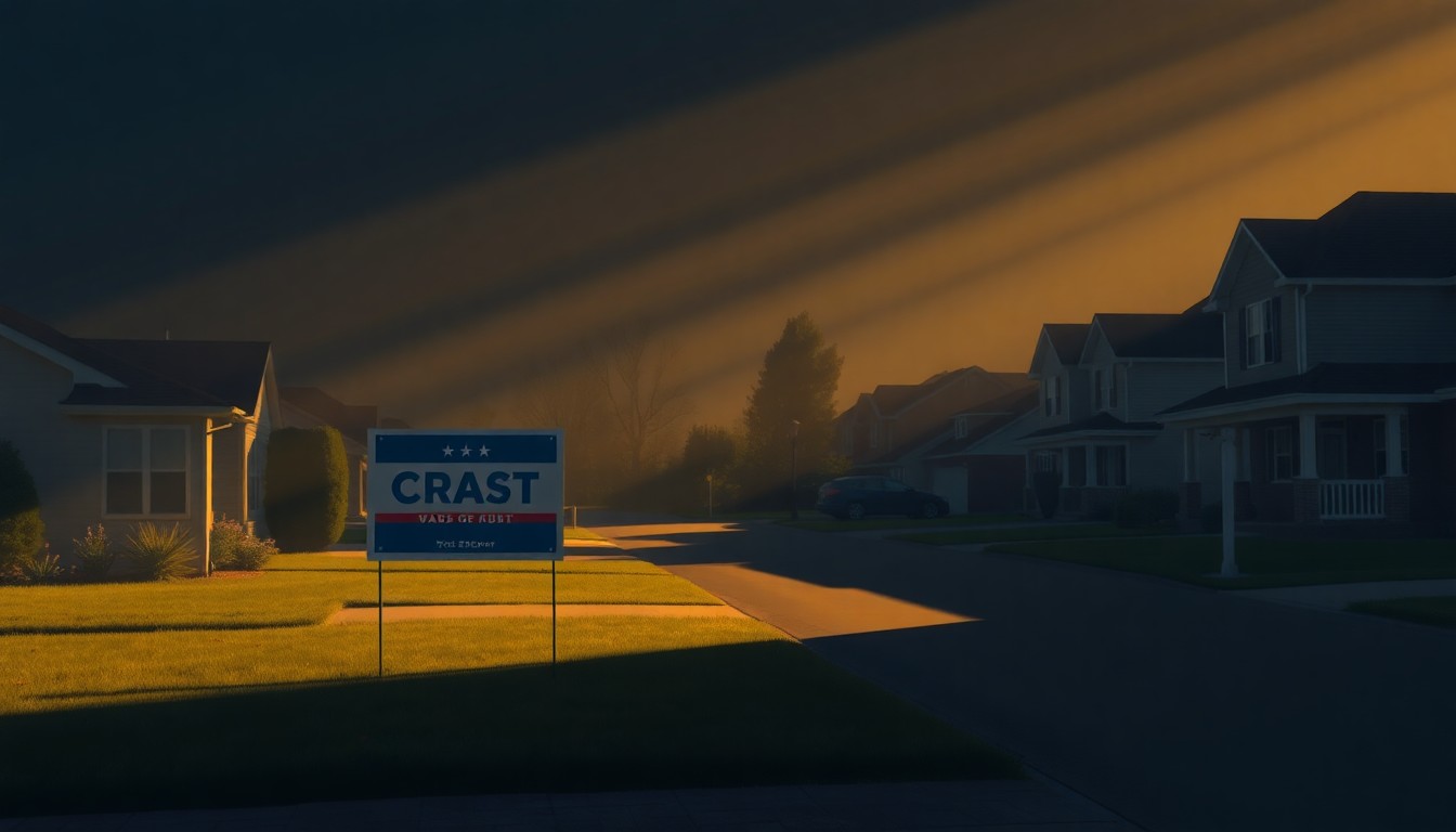 A serene, cinematic painting depicting a lone campaign sign in a suburban neighborhood, the sign's message obscured by the play of light and shadow, conveying a sense of political uncertainty and transition.