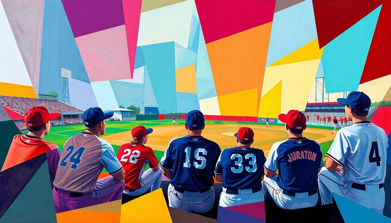 A cubist, geometric painting depicting a high school baseball game, with the players and field broken down into sharp, overlapping planes of color representing the uniforms of the Marion Bulldogs and Jourdanton Indians.