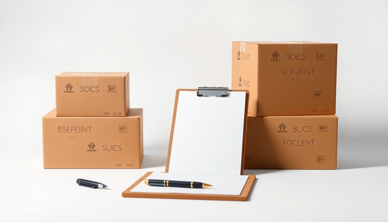 A minimalist studio still life photograph featuring a stack of shipping boxes, a clipboard, and a pen arranged elegantly on a clean, white background, symbolizing the abstract concepts of logistics and supply chain management.