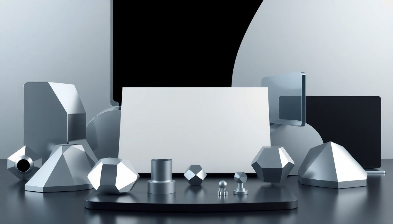 A high-end, photorealistic studio still-life photograph featuring a collection of sleek, polished geometric shapes and forms in shades of silver, grey, and black, representing the abstract concepts of AI infrastructure, data center technology, and corporate strategy.