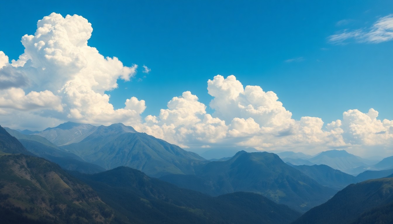 A vast, atmospheric landscape painting in muted tones of blue, white, and green, capturing the sublime scale and tranquility of a clear, sunny day in Palm Beach County.