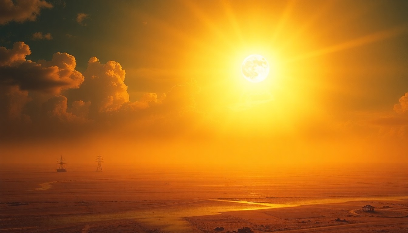 A sweeping, atmospheric landscape painting in muted tones of orange, yellow, and grey, capturing the overwhelming scale and intensity of the sun's rays beating down on a desolate Gulf Coast horizon, with any physical structures or objects dwarfed by the natural environment.