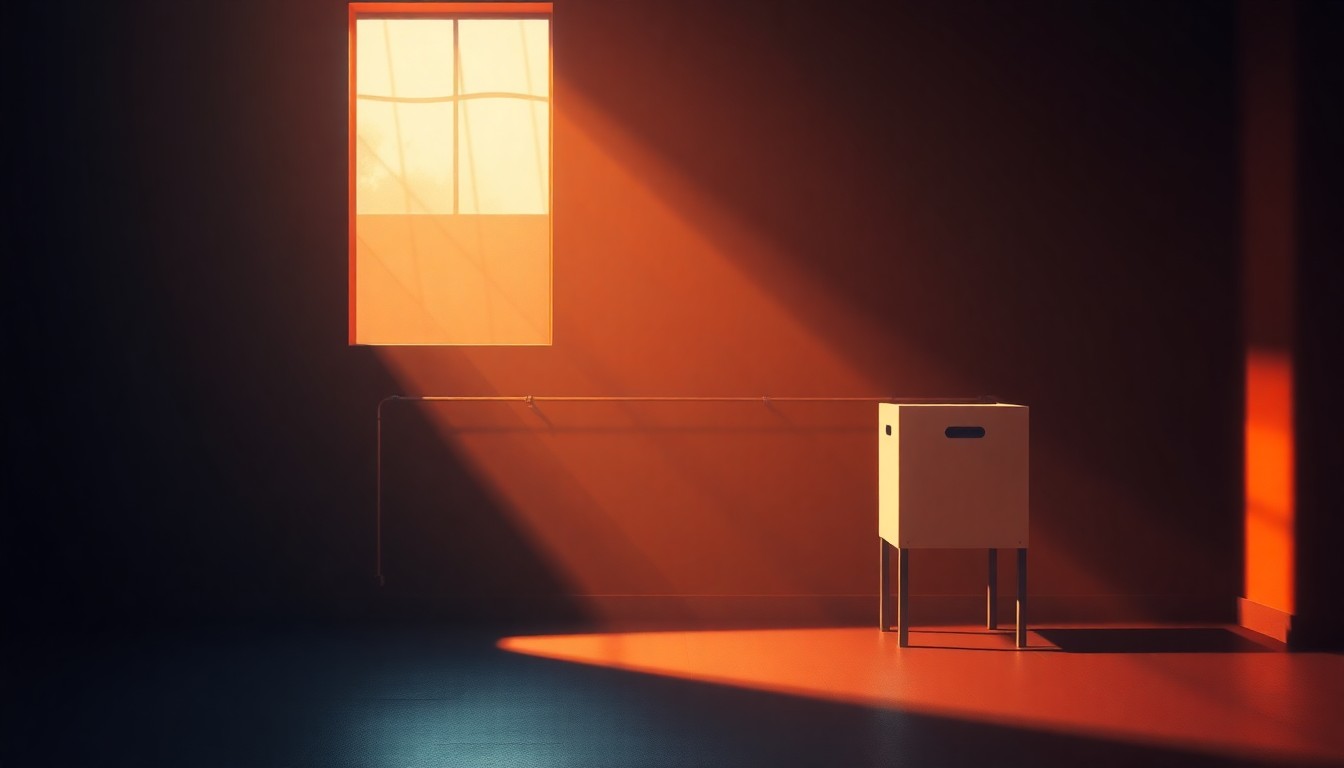 A serene, photorealistic painting of a lone ballot box sitting on a wooden table, the box's surface reflecting the warm diagonal sunlight streaming through a window and casting deep shadows across the scene, conveying a sense of quiet contemplation around the electoral process.