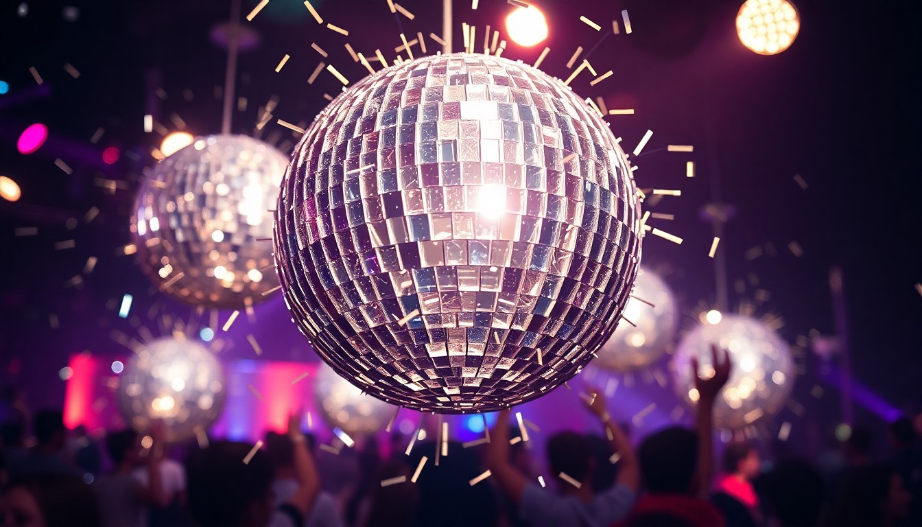 An abstract close-up photograph of shimmering, reflective disco ball shards in dramatic high-contrast studio lighting, conceptually representing the glamour and excitement of a Twitch streamer cruise event.