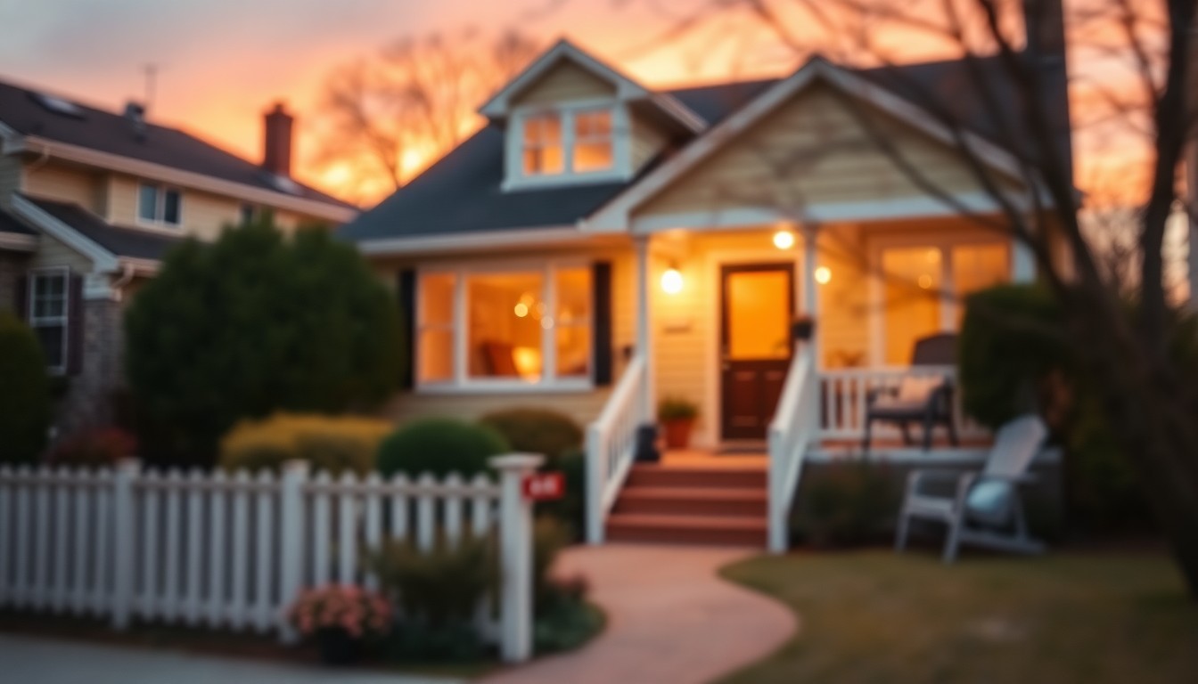 An extremely abstracted, out-of-focus photograph of a classic suburban home, with soft pools of warm color and light, conveying the cozy, lived-in charm of the Long Beach property.