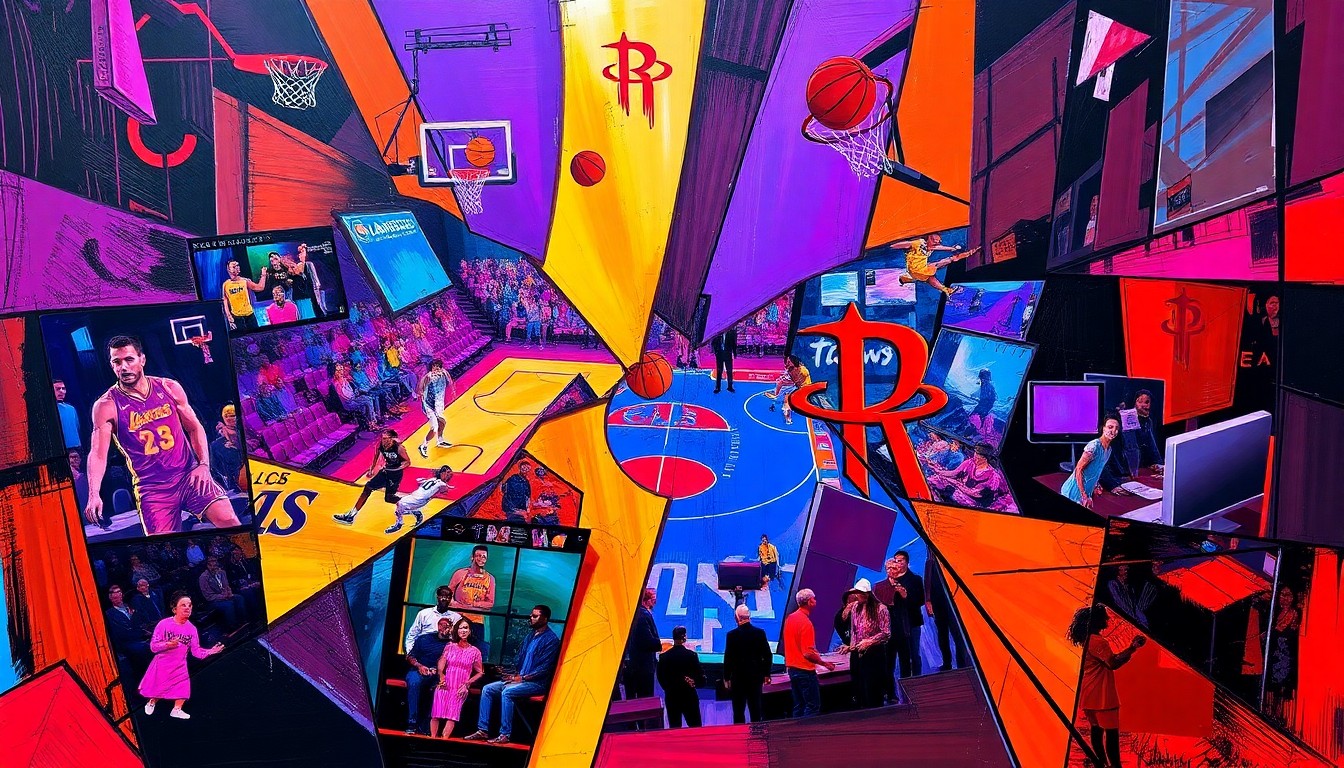 A cubist, geometric painting depicting a basketball game or playoff matchup, with sharp, overlapping planes of color representing the action on the court.