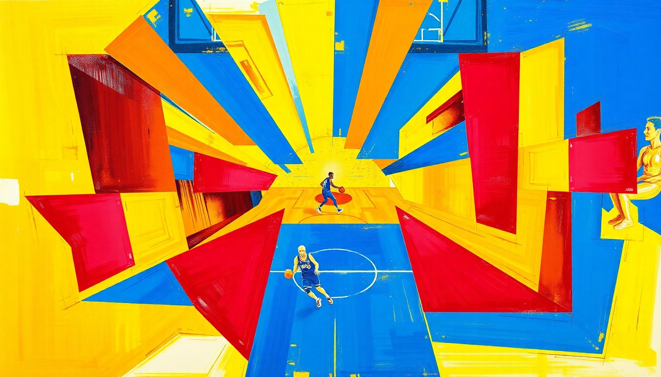 A cubist, geometric painting in bold blue, red, and yellow tones, depicting fragmented and overlapping shapes representing the dynamic movement and energy of a basketball game or match.