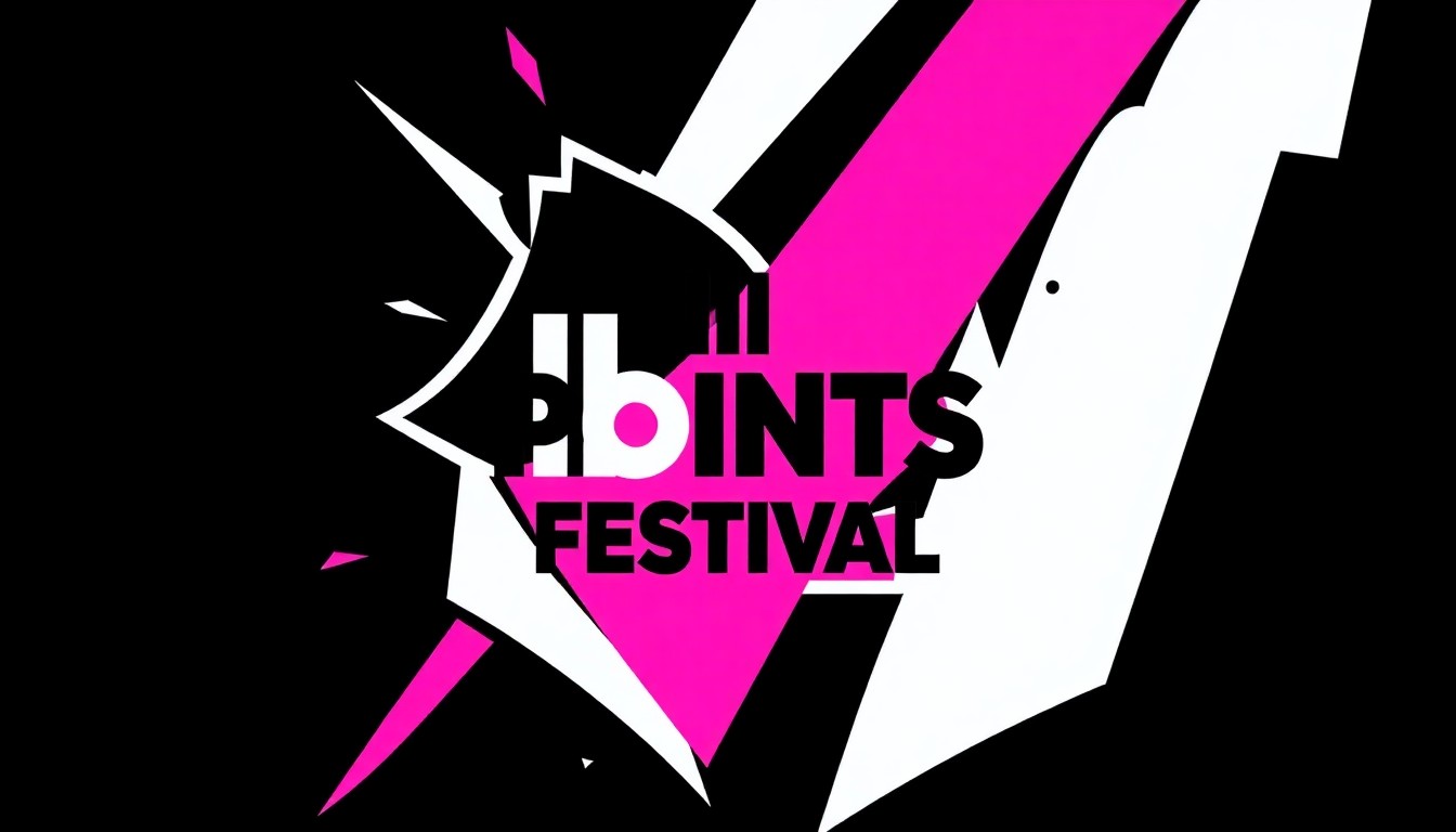 An abstract, minimalist illustration featuring stark black silhouettes and geometric shapes in high-contrast neon pink and white, capturing the energy and creativity of the III Points Festival.