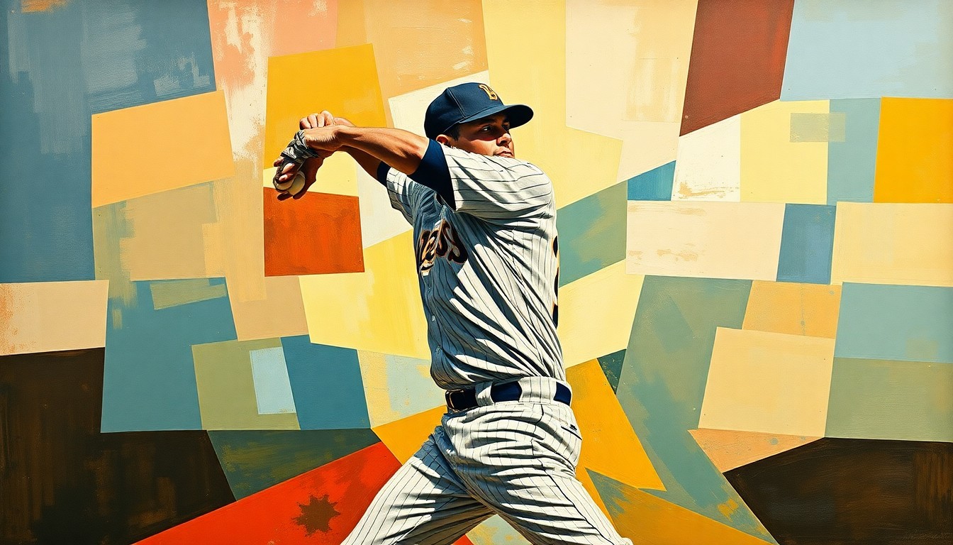 A cubist, geometric painting depicting a baseball pitcher's windup and delivery, with sharp, overlapping planes of color and form capturing the motion and energy of the sport.