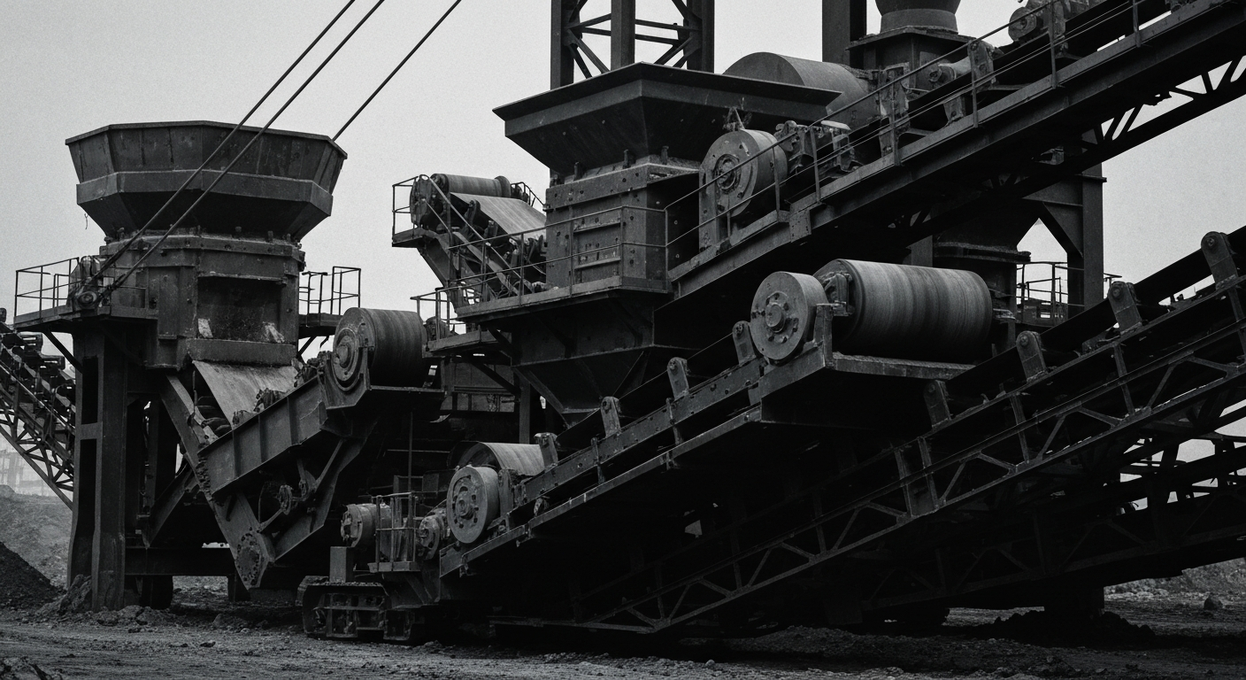 An extreme close-up of heavy, industrial mining equipment and machinery, conveying the scale and complexity of the gold production process.