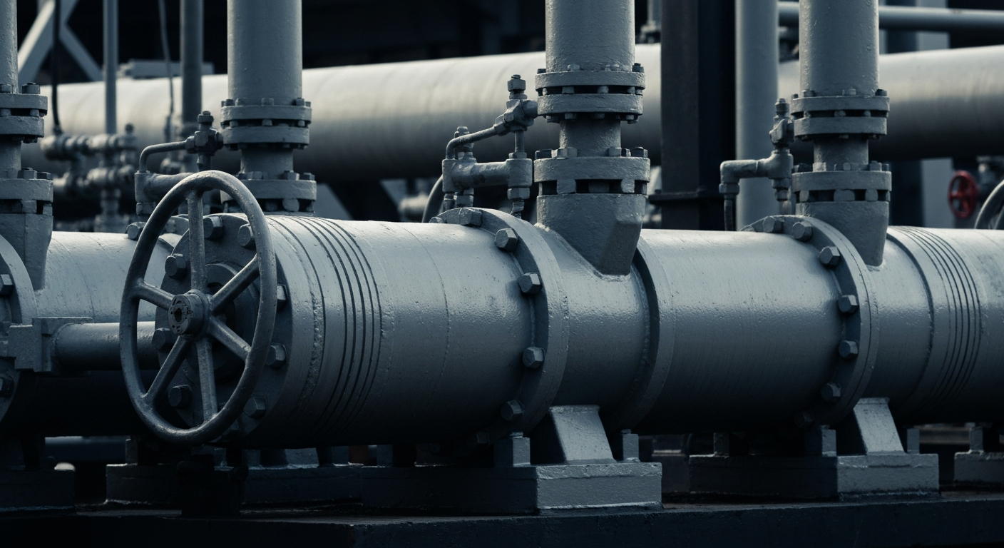 An extreme close-up of industrial oil and gas equipment, including pipes, valves, and machinery, conveying the physical and mechanical nature of the energy industry without using any text or symbols.