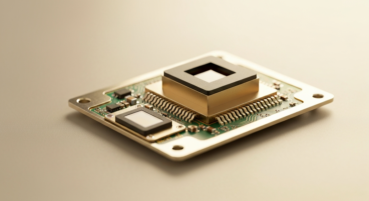 An extreme close-up of a complex, metallic AR sensor module with intricate gears and circuits, conveying the advanced technology behind Perfect Corp.'s virtual try-on and skin diagnostic solutions.