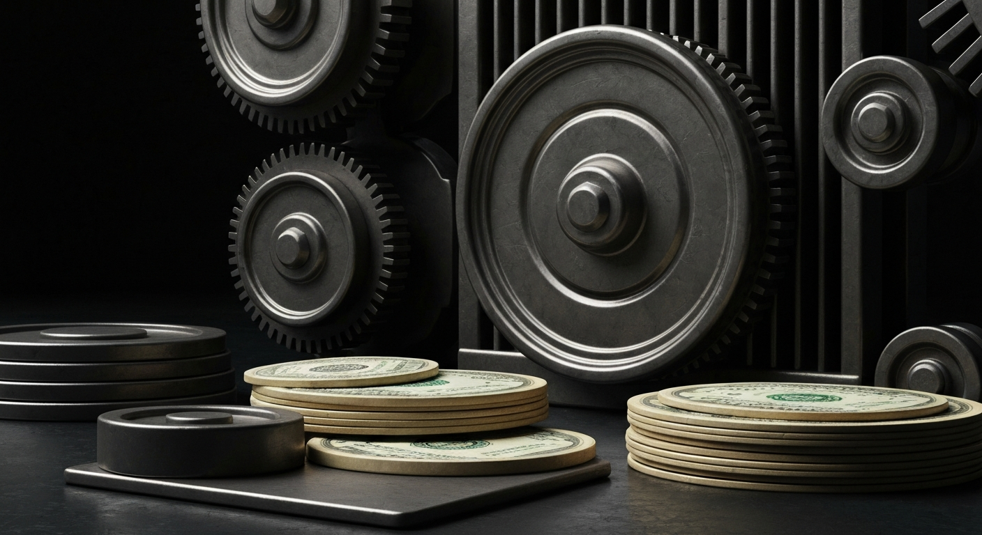 An extreme close-up of gears, levers, and other industrial banking machinery, conveying a sense of the complex financial infrastructure underlying modern investment platforms.
