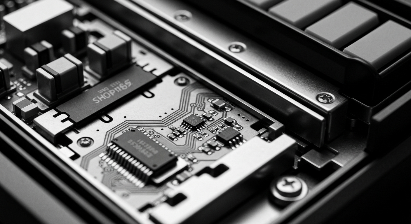 A high-contrast black and white close-up photograph of the internal circuitry and mechanics of a Shopify point-of-sale terminal, representing the robust technology powering the e-commerce platform.