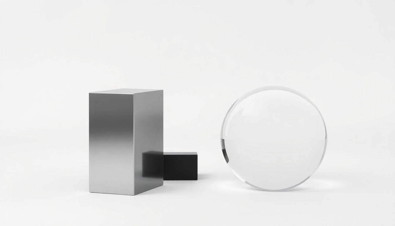 A photorealistic studio still life featuring simple geometric shapes in polished metal, glass, and black materials arranged elegantly on a clean white background, conceptually representing the abstract business strategy and technology innovation behind ServiceNow's success.