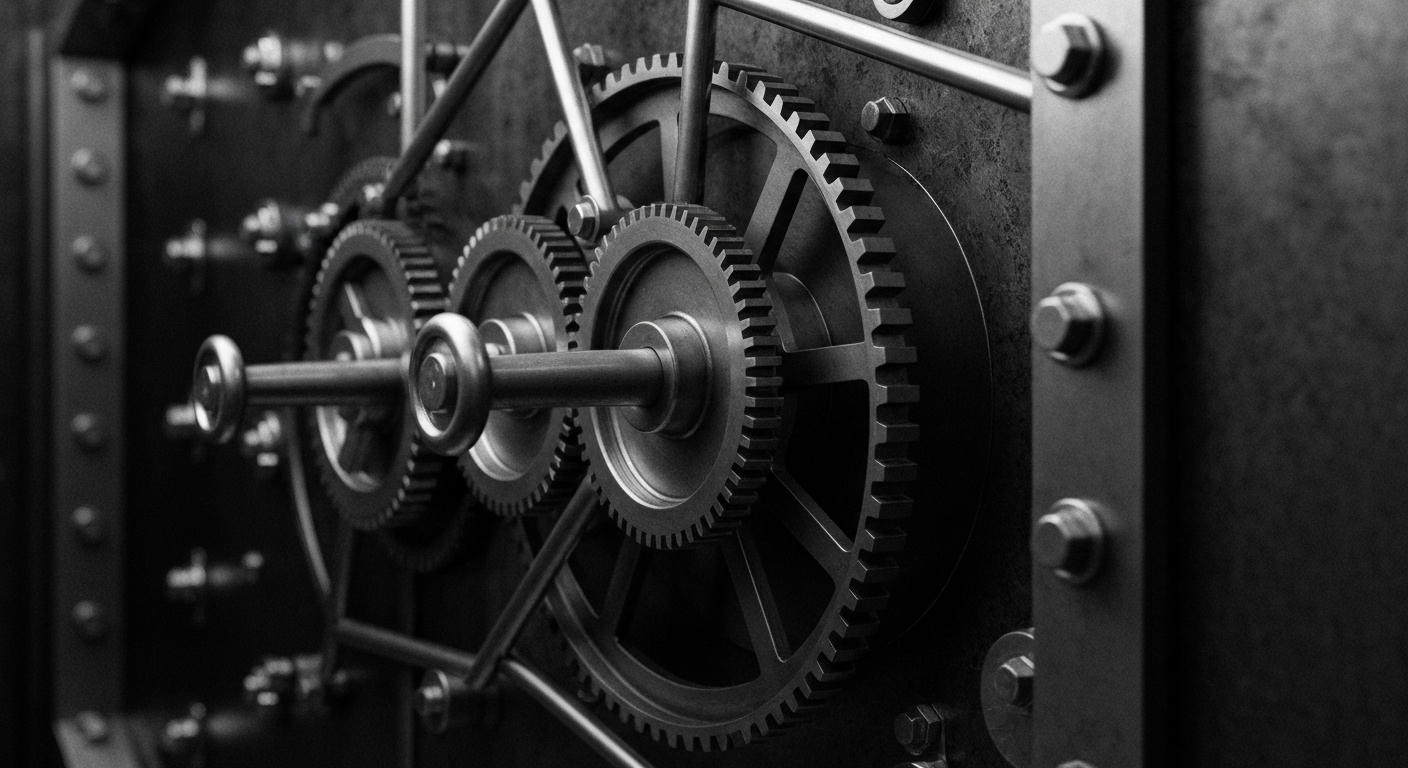 A high-contrast, close-up black and white photograph of the complex mechanical components of a banking vault, conveying the power and security of financial institutions.