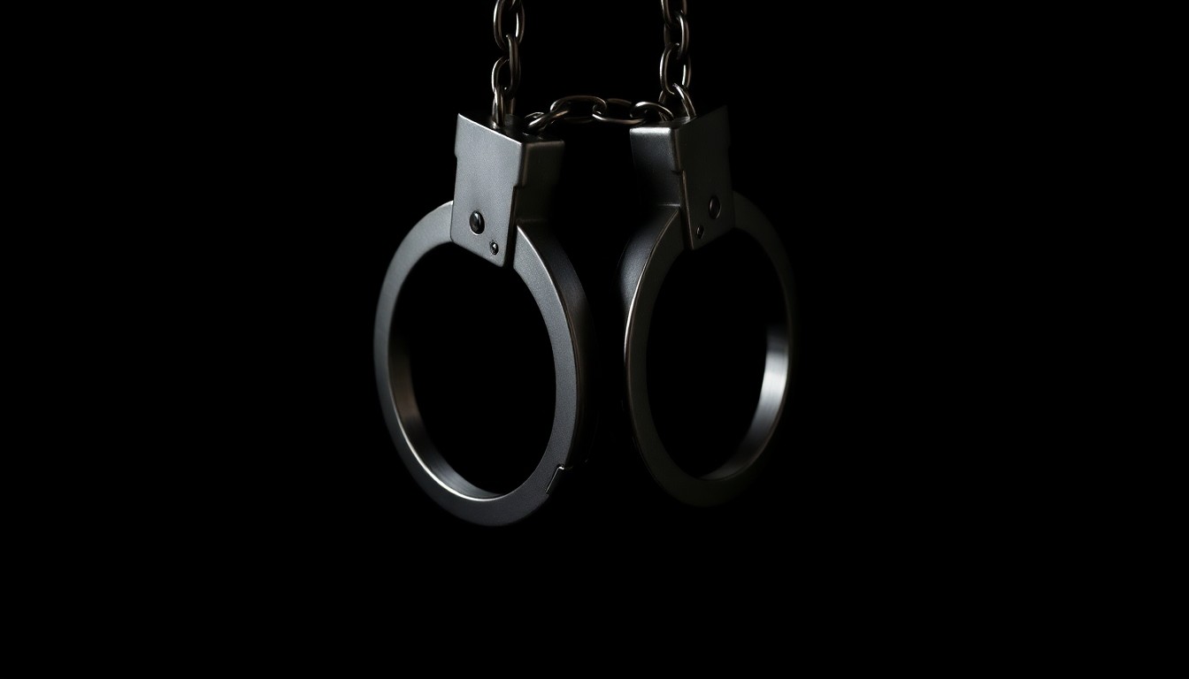An extreme close-up photograph of a pair of handcuffs against a pitch-black background, creating a stark, investigative aesthetic through the use of harsh, direct lighting.