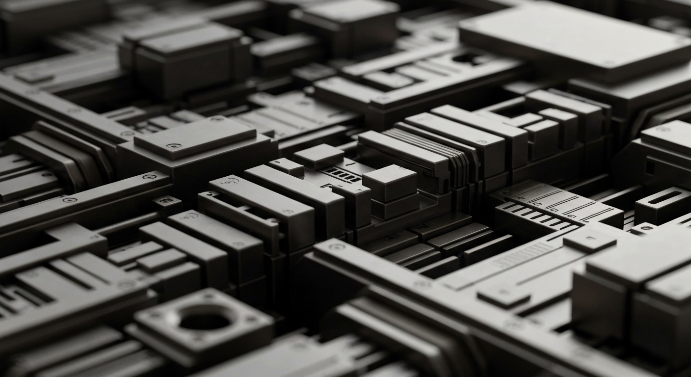 An extreme close-up of intricately woven metal components, circuit boards, and industrial gears in shades of grey, bronze, and black, conceptually representing the complex financial data analytics powering Palantir's enterprise software.