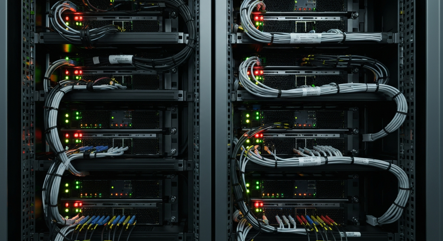An extreme close-up of the intricate inner workings of an Oracle data center server rack, with a focus on the dense network of cables, cooling systems, and blinking indicator lights, conveying the scale and complexity of the company's cloud infrastructure.