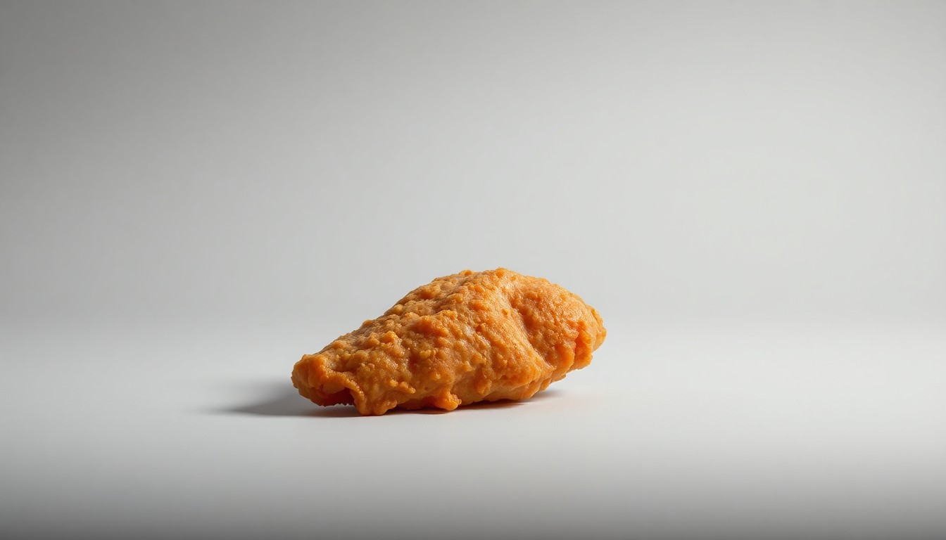 A photorealistic studio still-life photograph of a single, simple chicken tender resting on a clean, monochromatic background, using dramatic lighting and shadows to represent the abstract corporate forces behind the restaurant's abrupt closure.