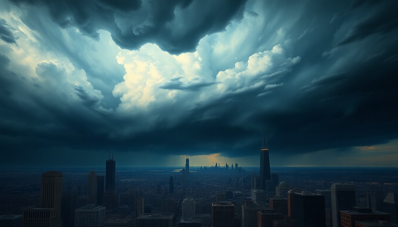 A sweeping, atmospheric landscape painting depicting a massive storm system looming over the Chicago skyline, with the city's skyscrapers and infrastructure dwarfed by the overwhelming power of the approaching weather.