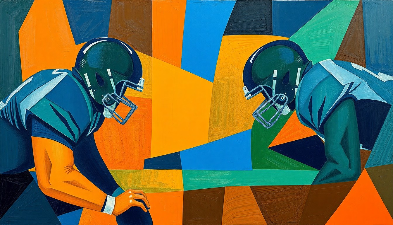 A cubist, geometric painting depicting an offensive line with fragmented, overlapping shapes in navy, orange, and green, conveying the complex challenge of rebuilding the Bears' offensive line.